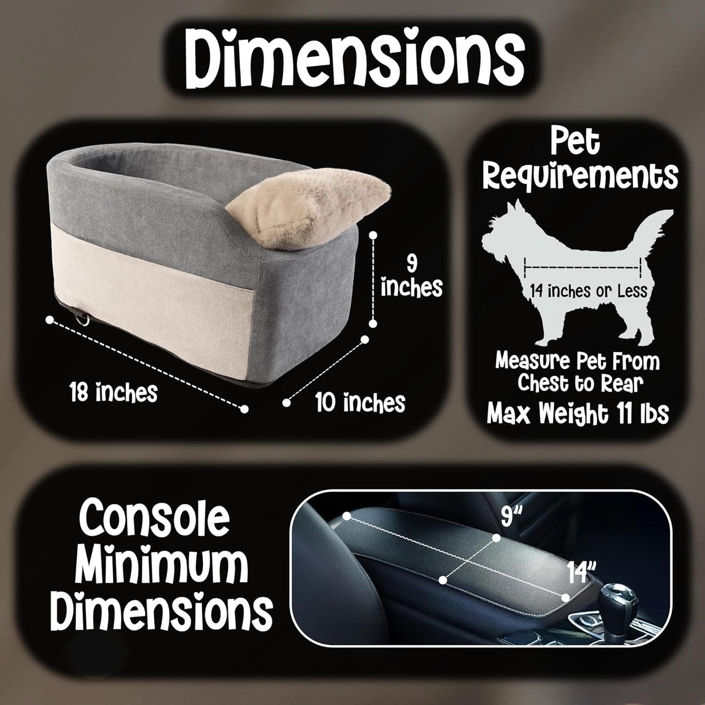 Center Console Dog Car Seat | 11 lbs MAX | Safety Straps &