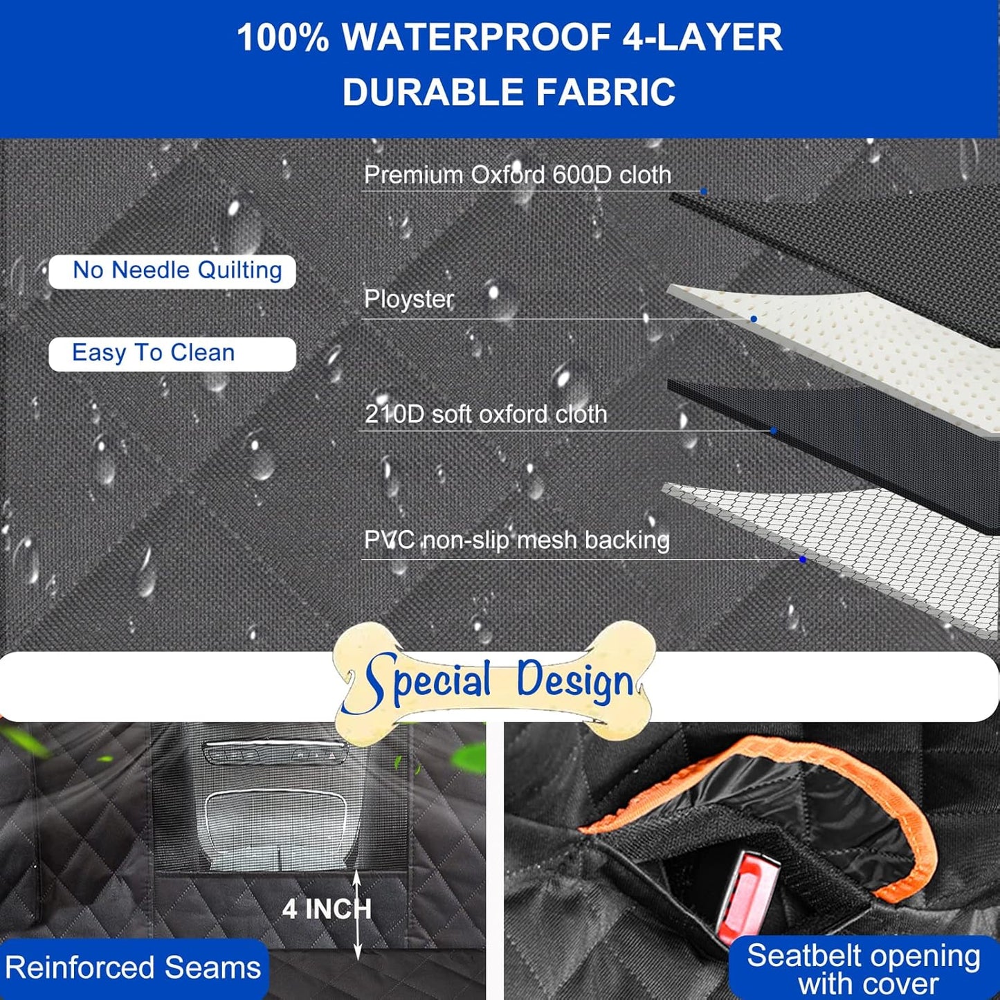 Dog Car Seat Cover for Back Seat 600D Scratchproof Nonslip