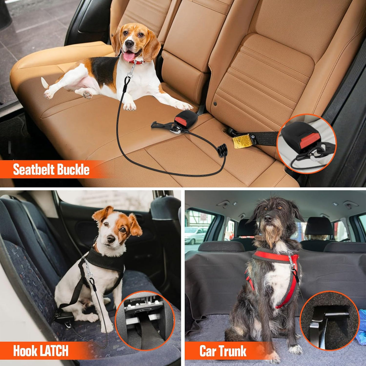 Seat Belt for Car, Chew Proof Leash 2 in 1 Steel Cable With