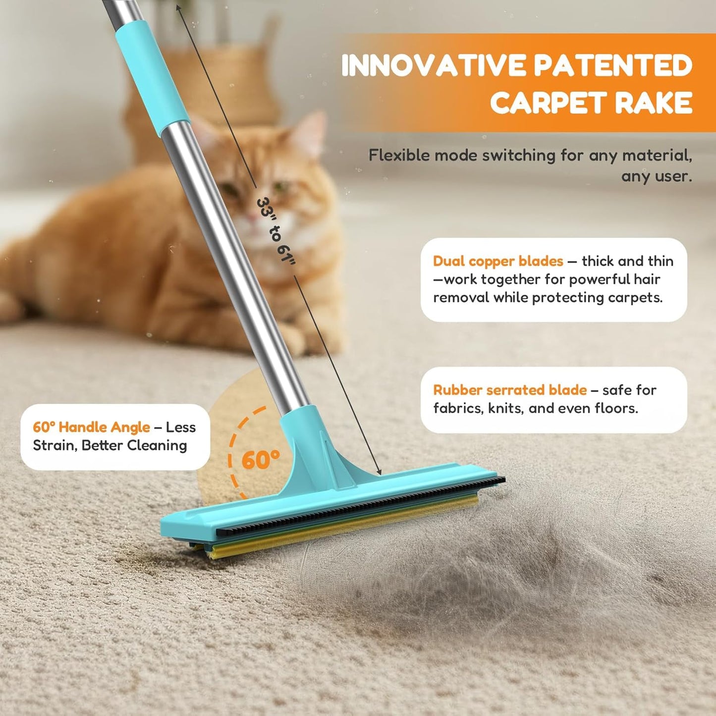 3 In 1 Carpet Rake for Pet Hair Removal Tool with Long &