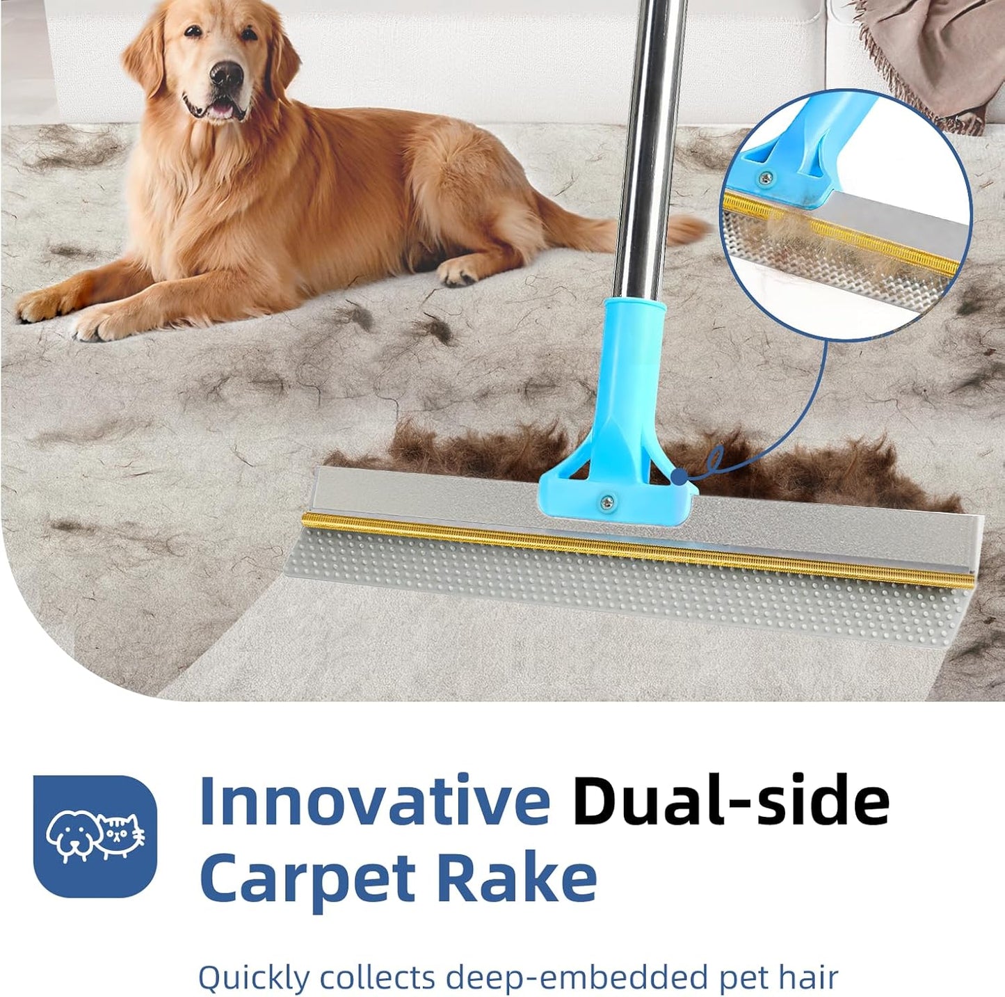 Carpet Rake for Pet Hair Removal - 54" Adjustable 2 in 1