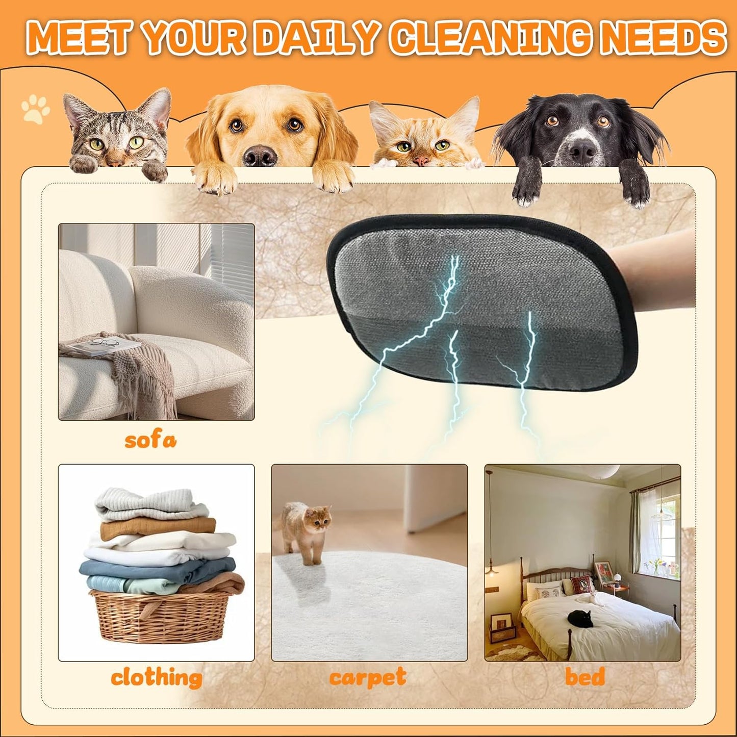 Pet Hair Removal Glove for Cats & Dogs, Double-Sided