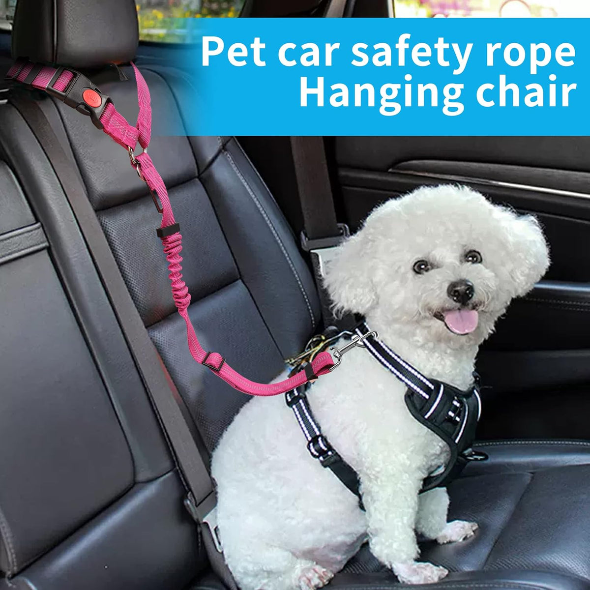 YAOHDAO Dog Seat Belt Harness for Car, Restraint Adjustable with Elastic Bungee Buffer Headrest for Vehicle, 360° Swivel Carabiner Nylon Pet Safety Seat Belts Heavy Duty Car Harness for Dogs Rosy Red