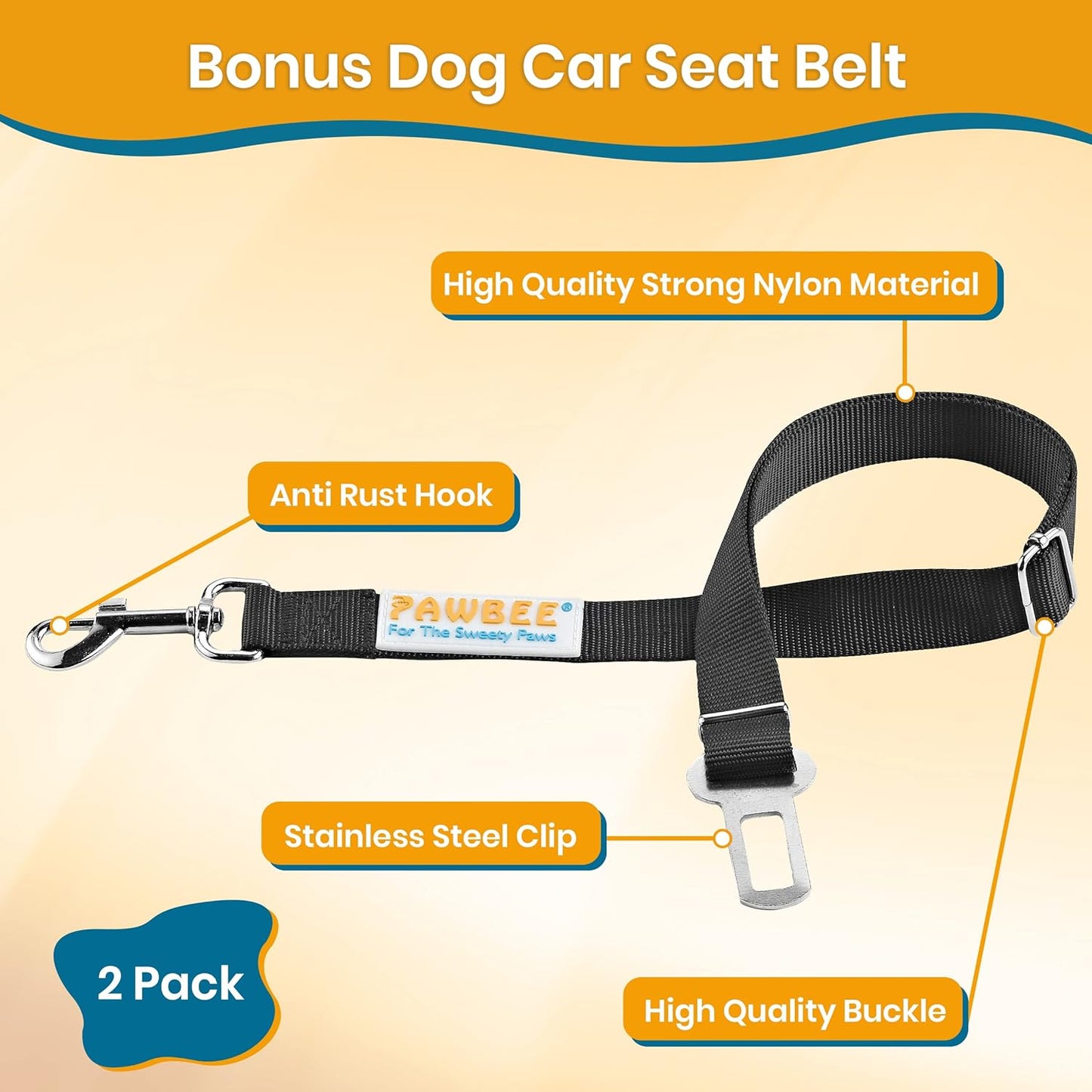 2-Pack Dog Seat Belts for Cars - Adjustable Nylon Car