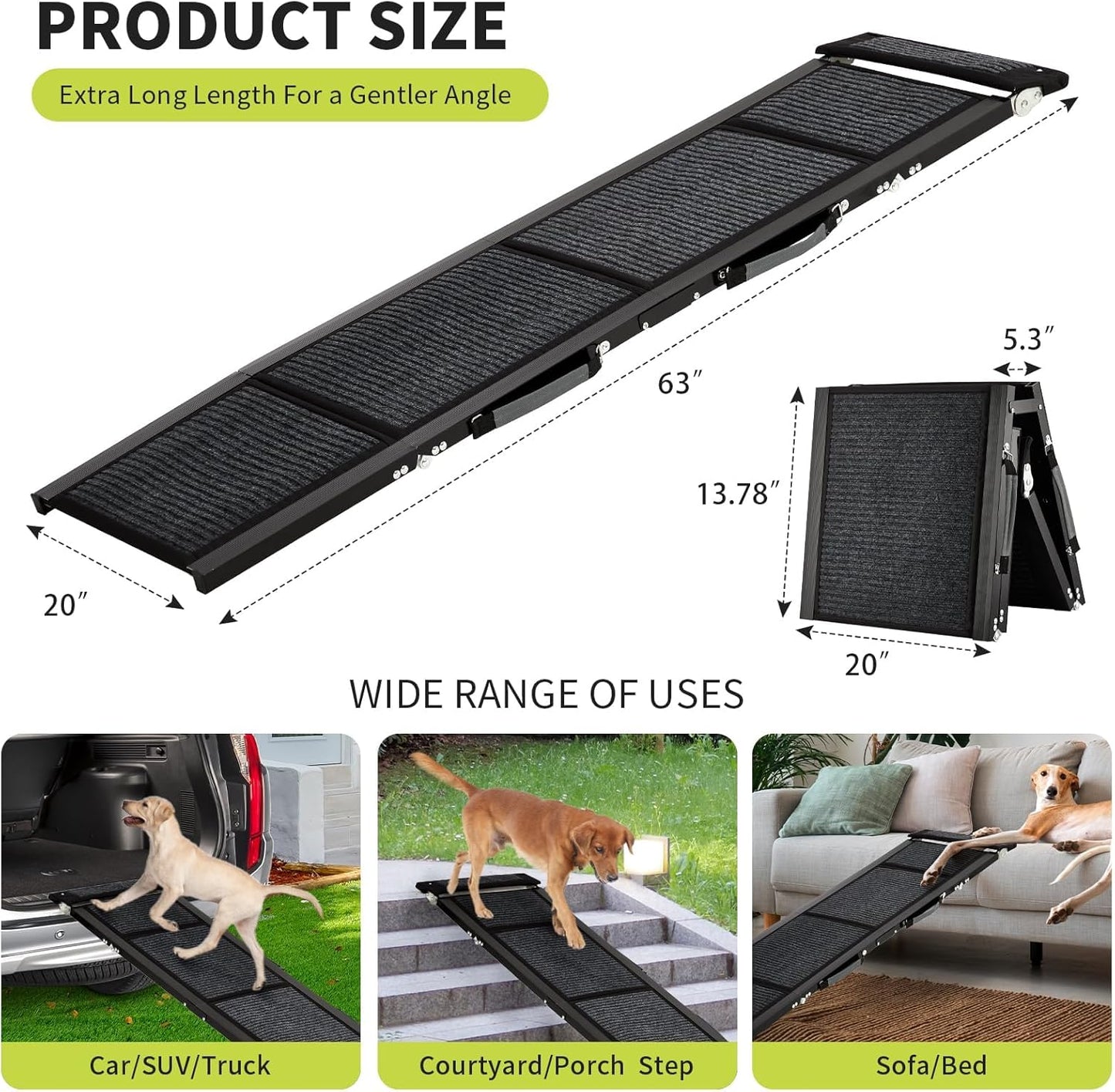 63 in Long Dog Ramp for Cars, 20 in Wide Folding Pet Ramp
