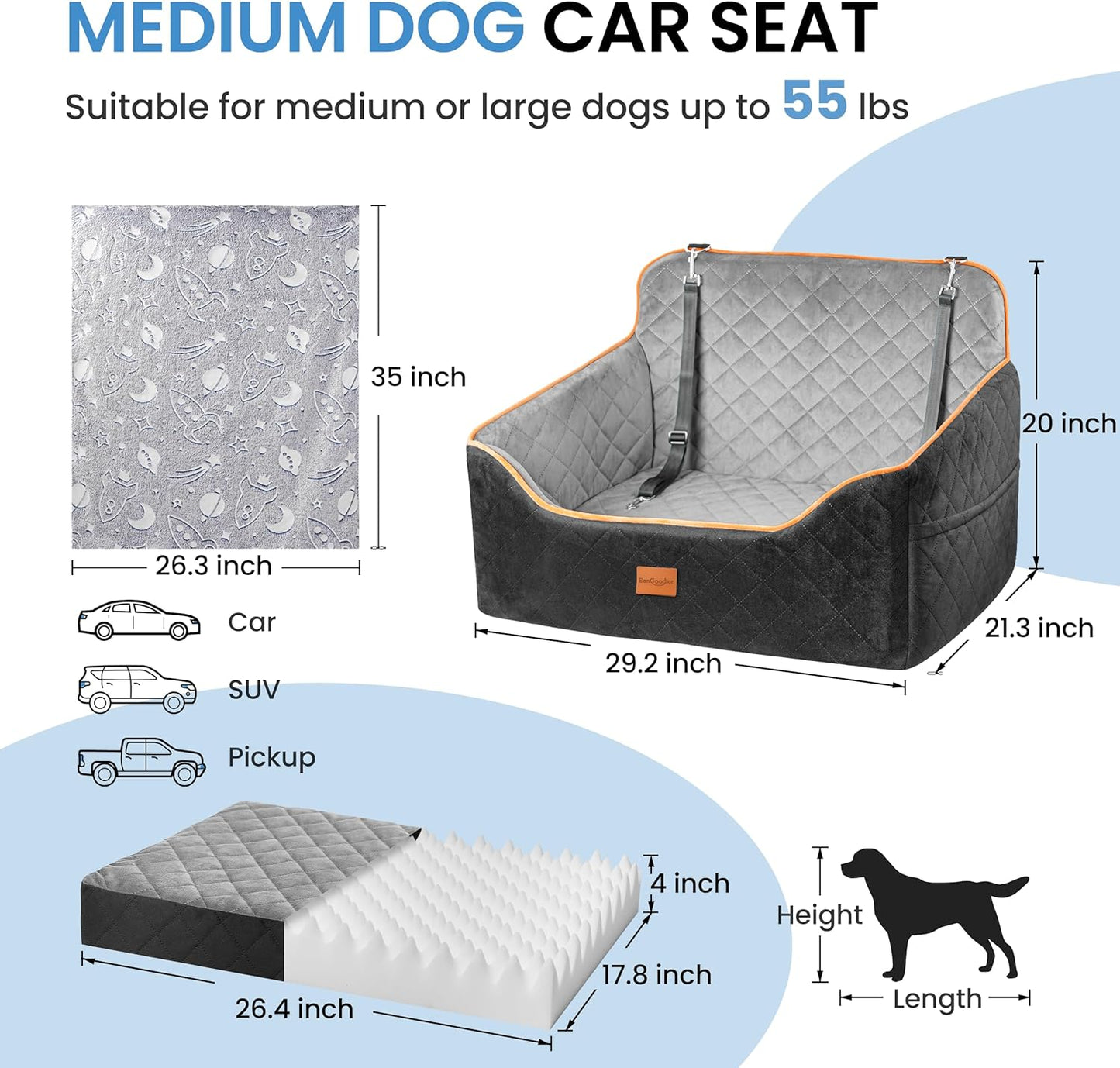 Dog Car Seat for Medium Dogs - Pet Car Seat with 2 Safety