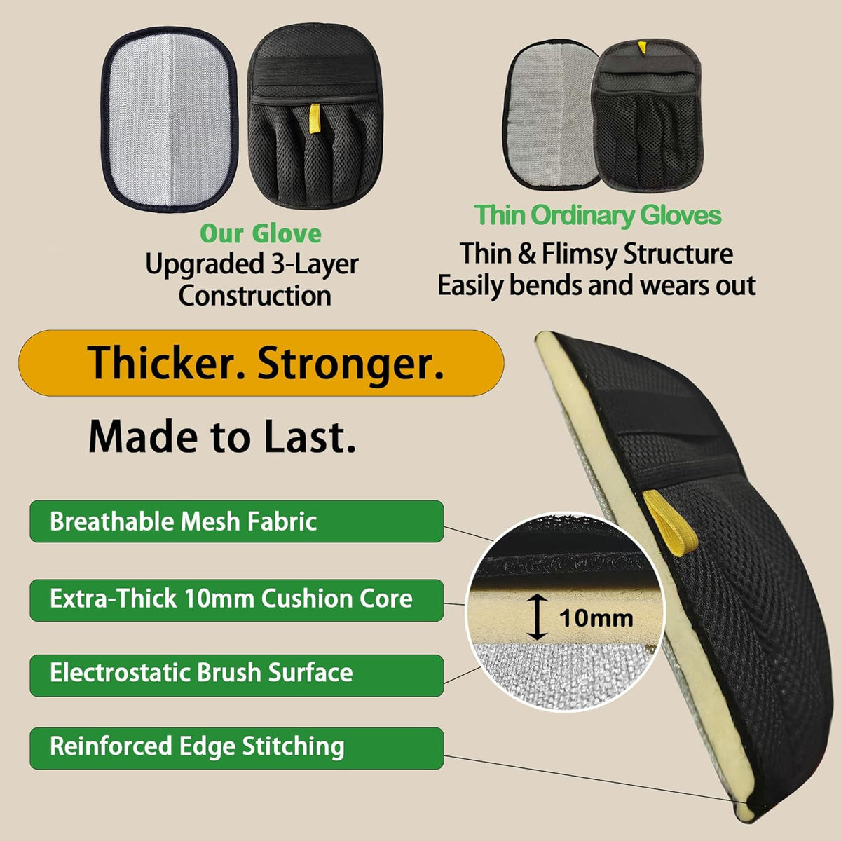 Pet Hair Removal Glove - Upgraded 10mm Thickened