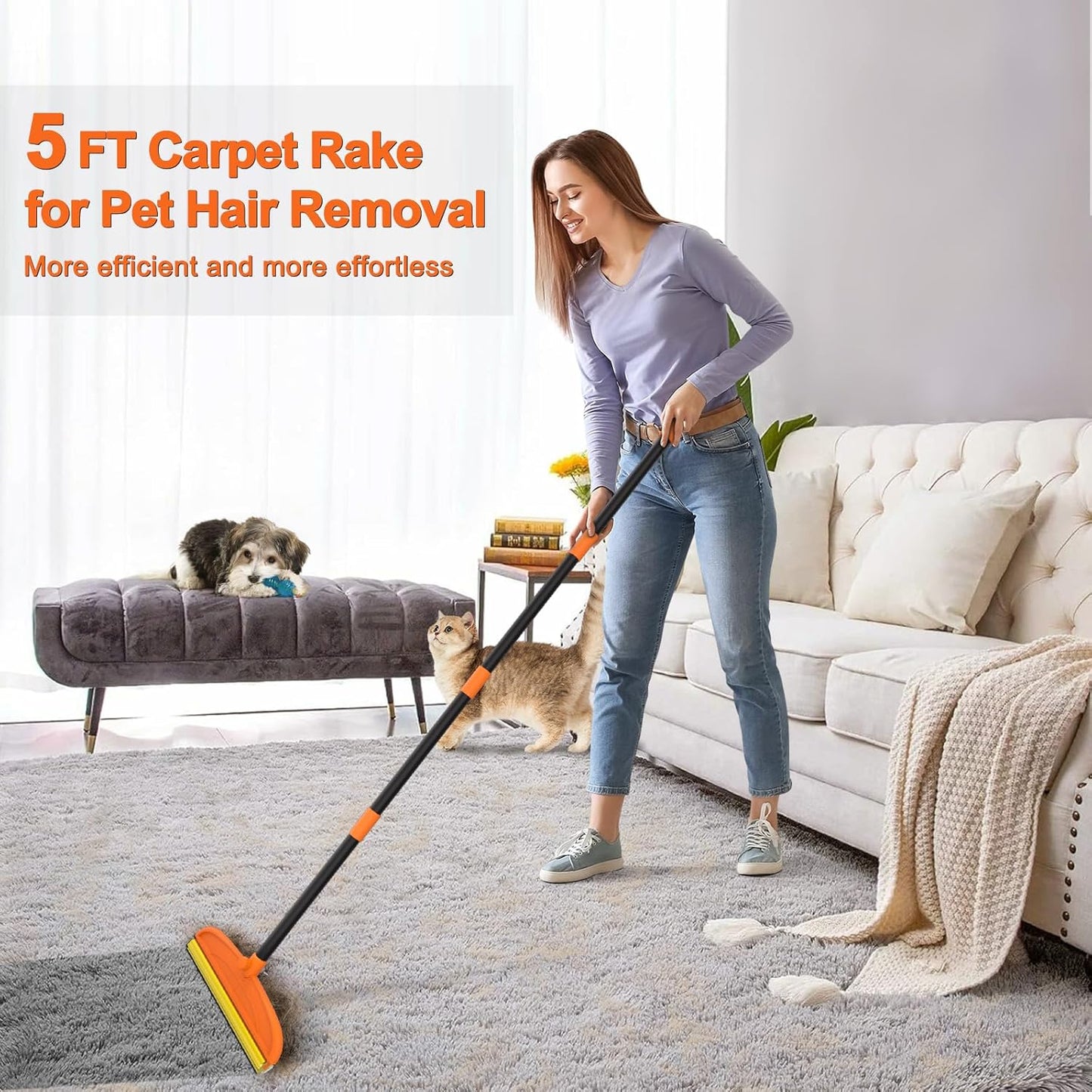 Carpet Rake for Pet Hair Removal, 5FT Reusable Pet Hair