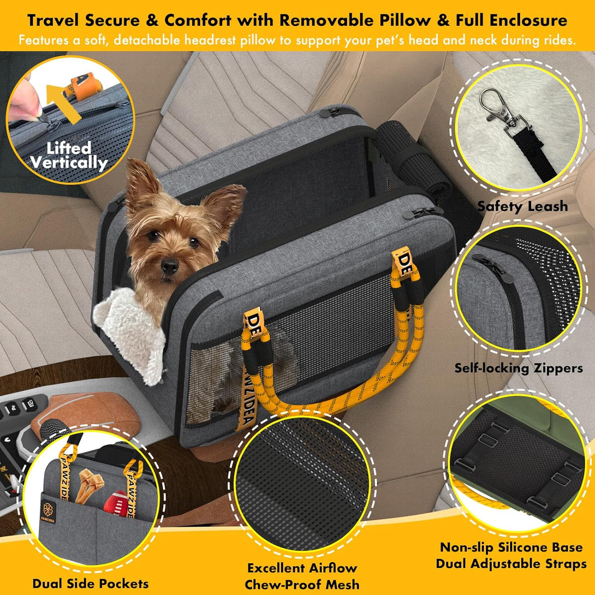Center Console Dog Car Seat, Enclosed Small Dog Armrest