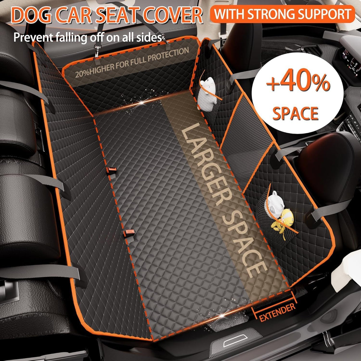 Chilino Back Seat Extender for Dogs - Large Space, Waterproof Dog Car Seat Cover for Back Seat with Hard Bottom Holds 420lbs, 600D Heavy-Duty Upgraded Material Dog Hammock for Car（Black