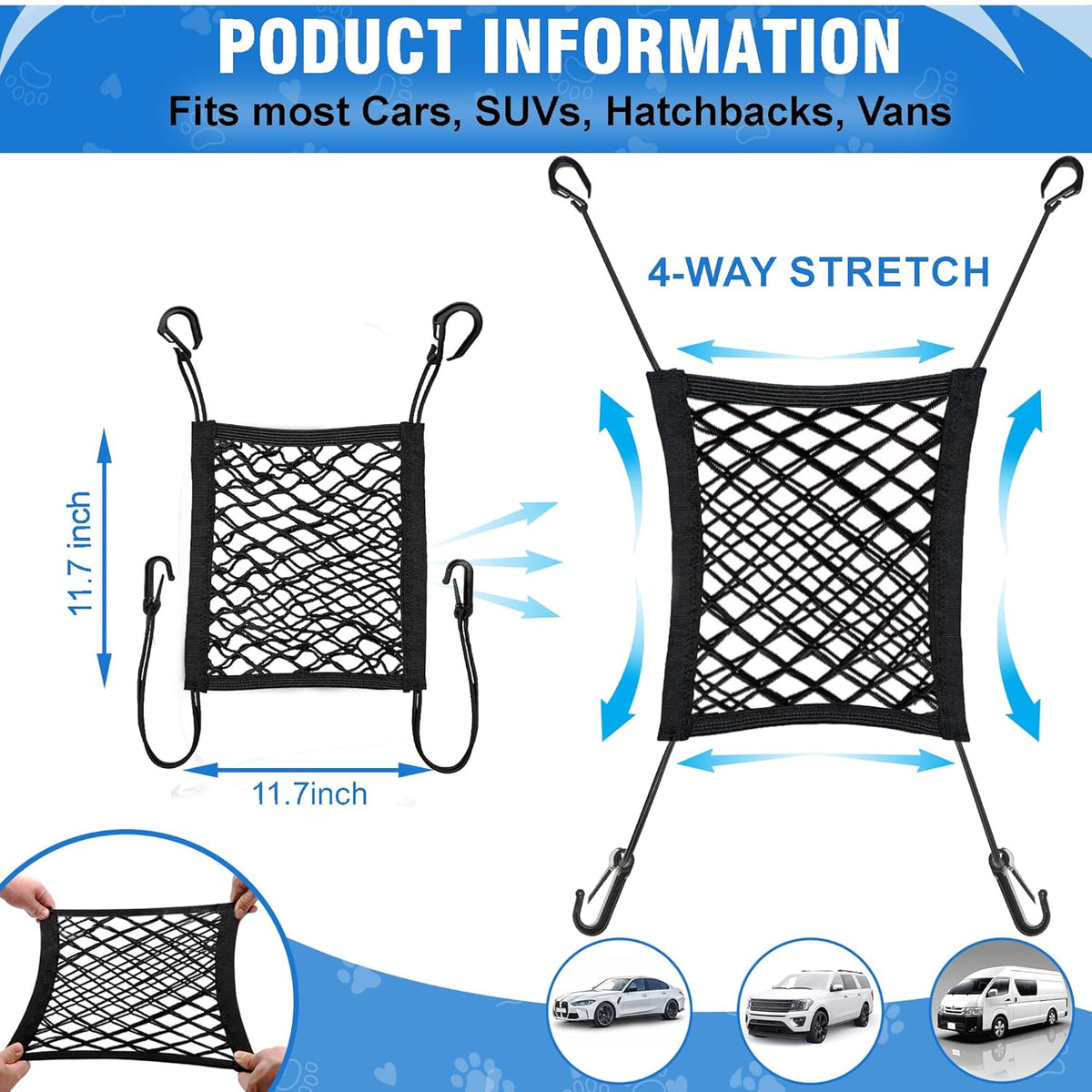 Universal Dog Car Net Barrier – Sturdy Mesh, Easy Install, Breathable Design, Easy to Clean, Flexible Bungee Cords for Adjustable Fit 23"×23" (Black) (2-Layer Mesh)