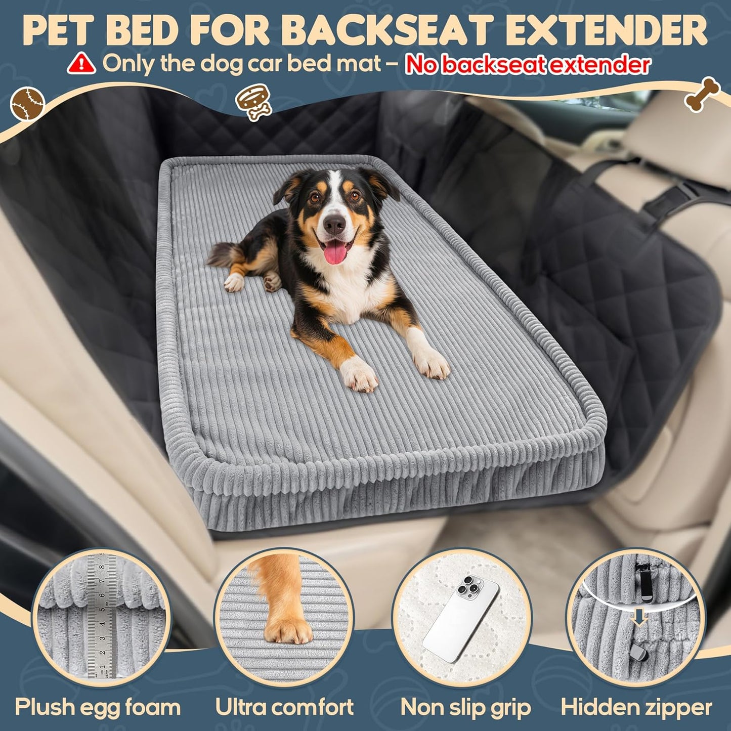 Dog Car Bed, Non-Slip Backseat Extender Pet Mat, Removable