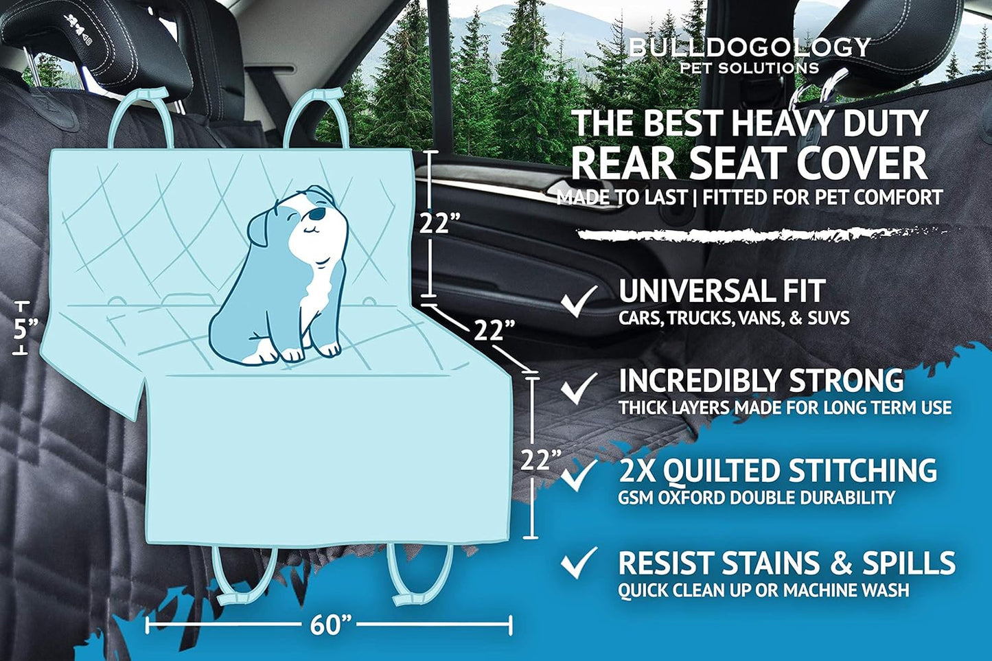 Bulldogology Dog Car Seat Cover 64"x60" Waterproof Heavy