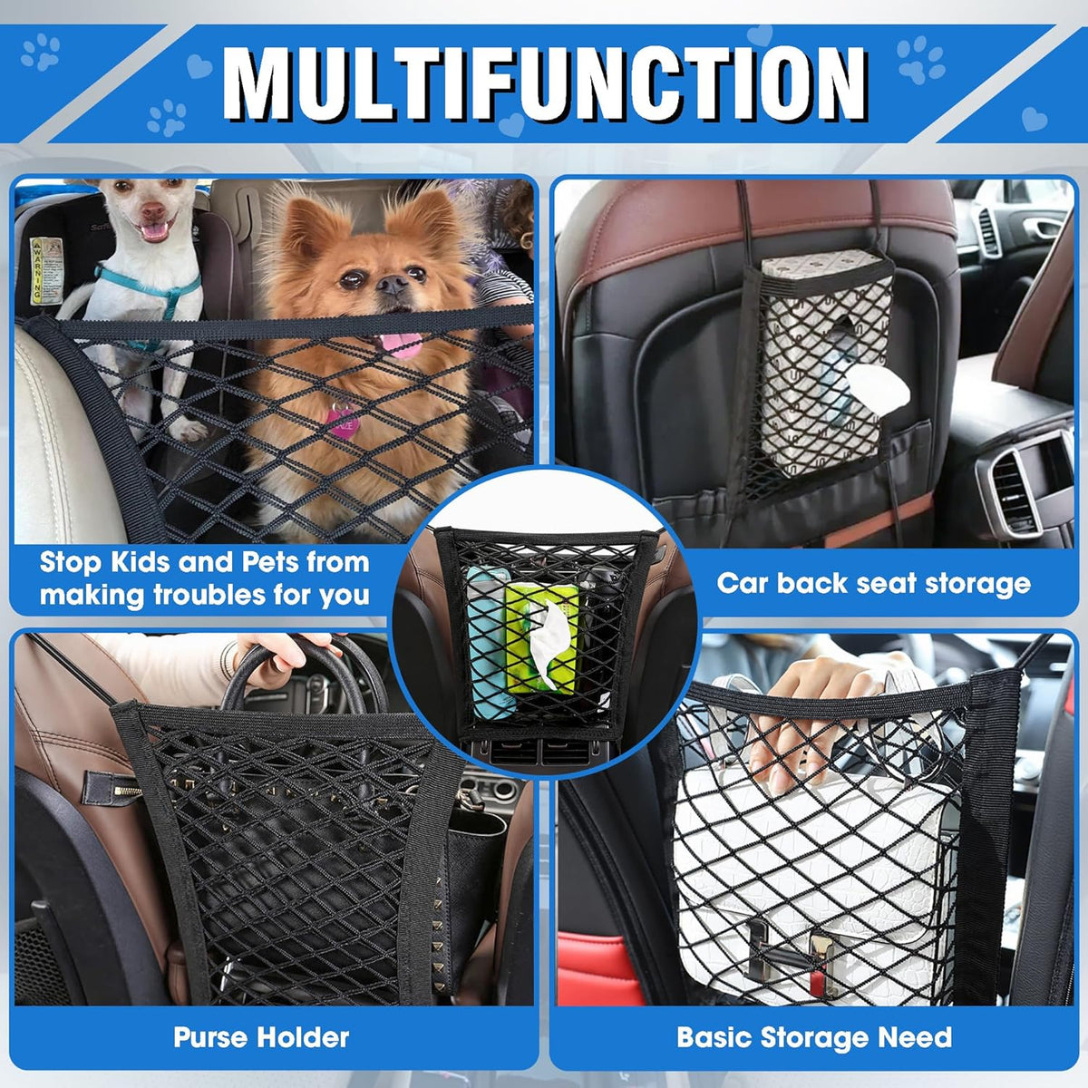 Universal Dog Car Net Barrier – Sturdy Mesh, Easy Install, Breathable Design, Easy to Clean, Flexible Bungee Cords for Adjustable Fit 23"×23" (Black) (2-Layer Mesh)