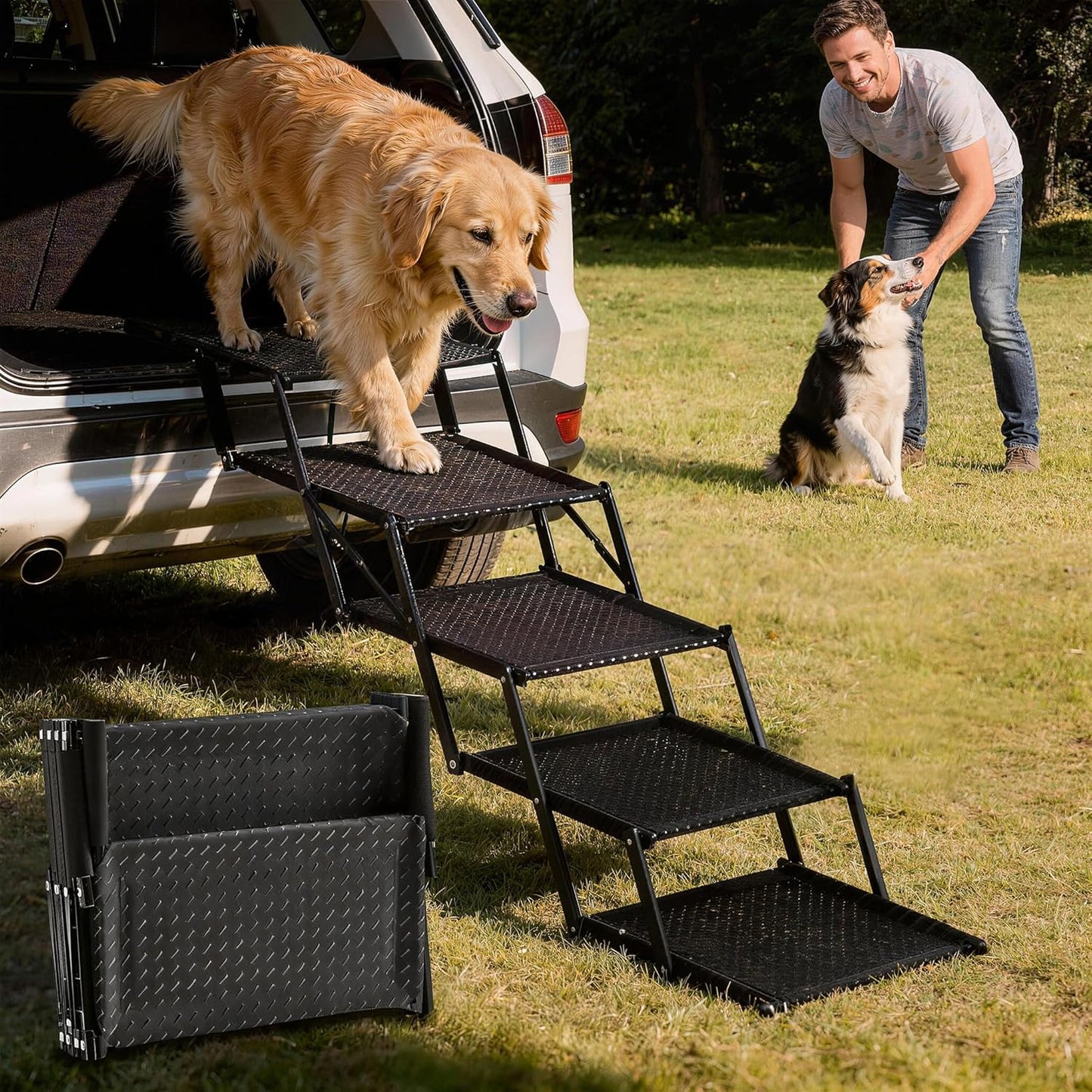 Extra Wide Dog Stairs for Car - Foldable 5-Step Non-Slip