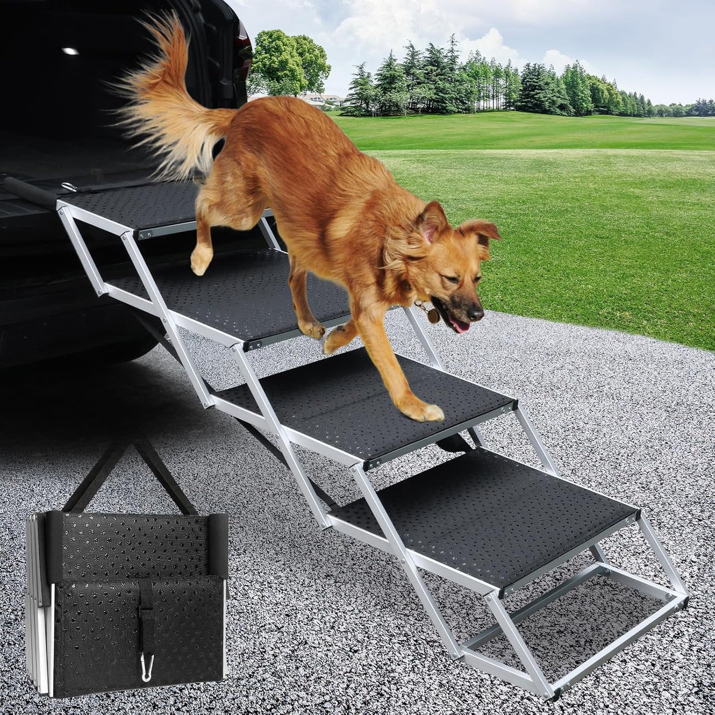 Dog Ramp for Car, 4-Step Folding Dog Stairs, Aluminum