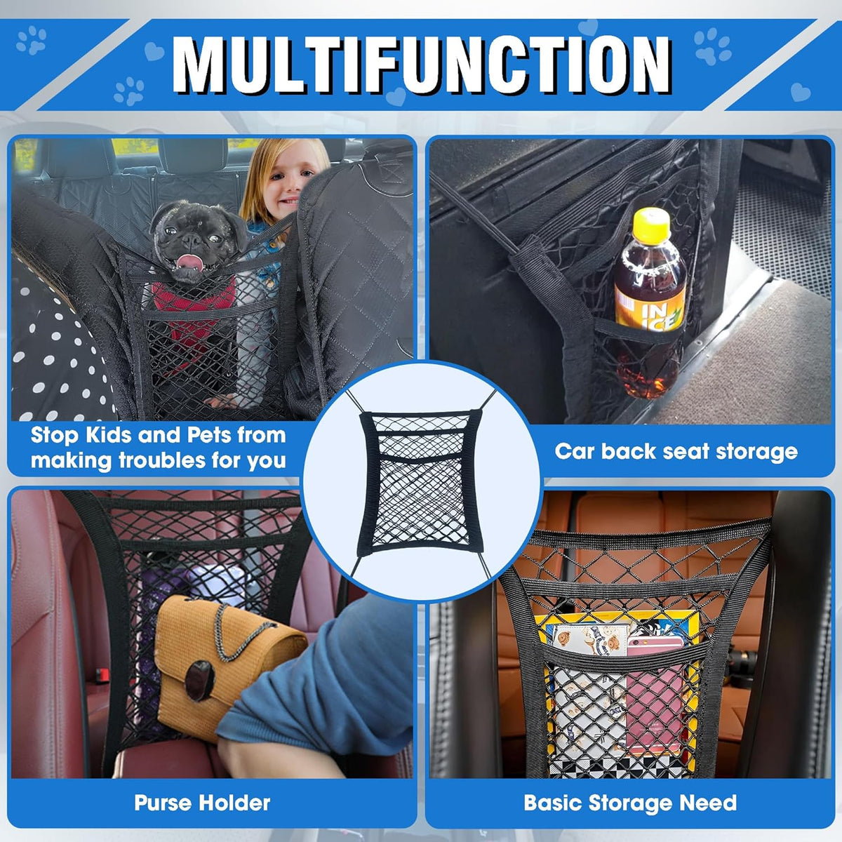 Universal Dog Car Net Barrier – Sturdy Mesh, Easy Install, Breathable Design, Easy to Clean, Flexible Bungee Cords for Adjustable Fit 23"×23" (Black) (3-Layer Mesh)