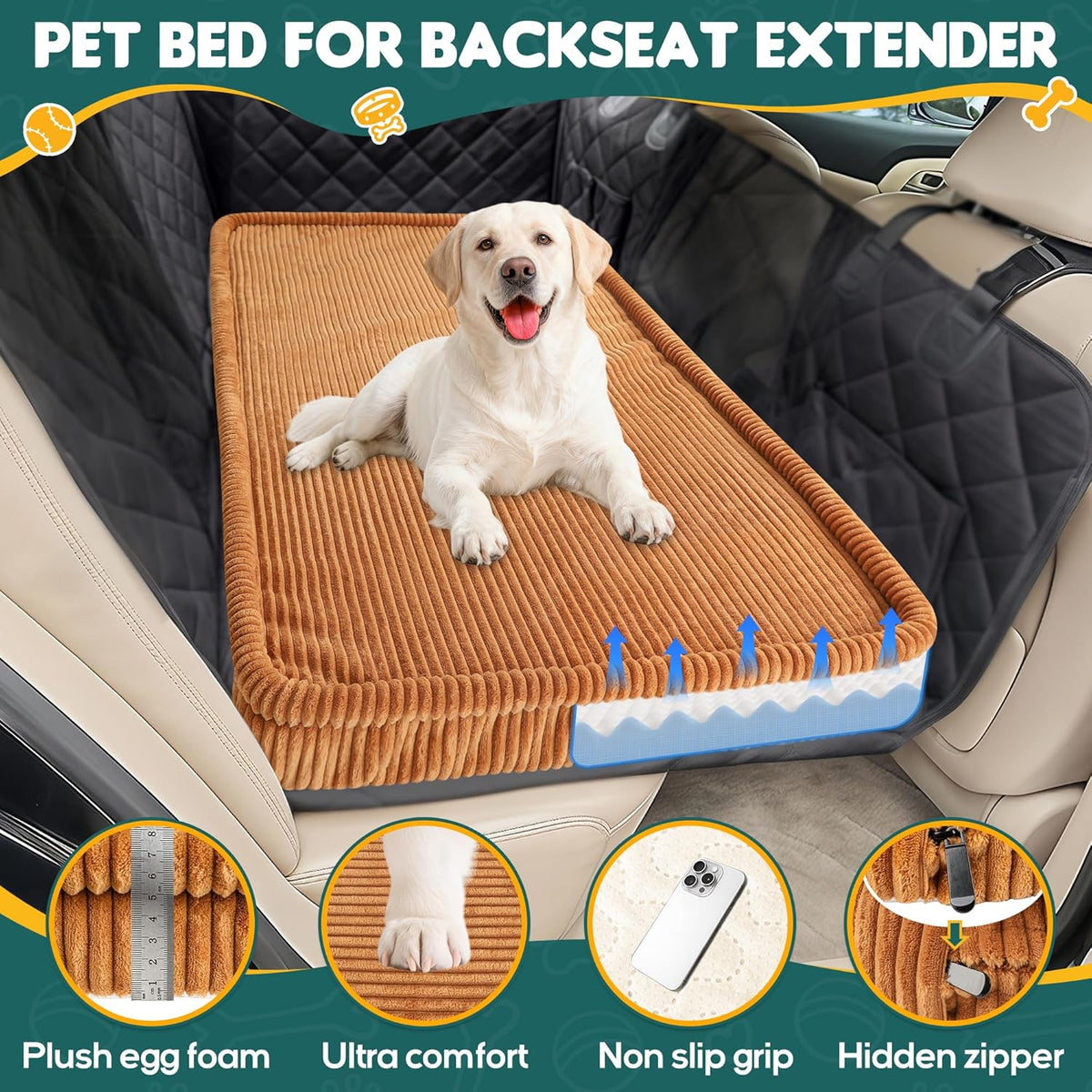 Dog Car Bed, Non-Slip Backseat Extender Pet Mat, Removable