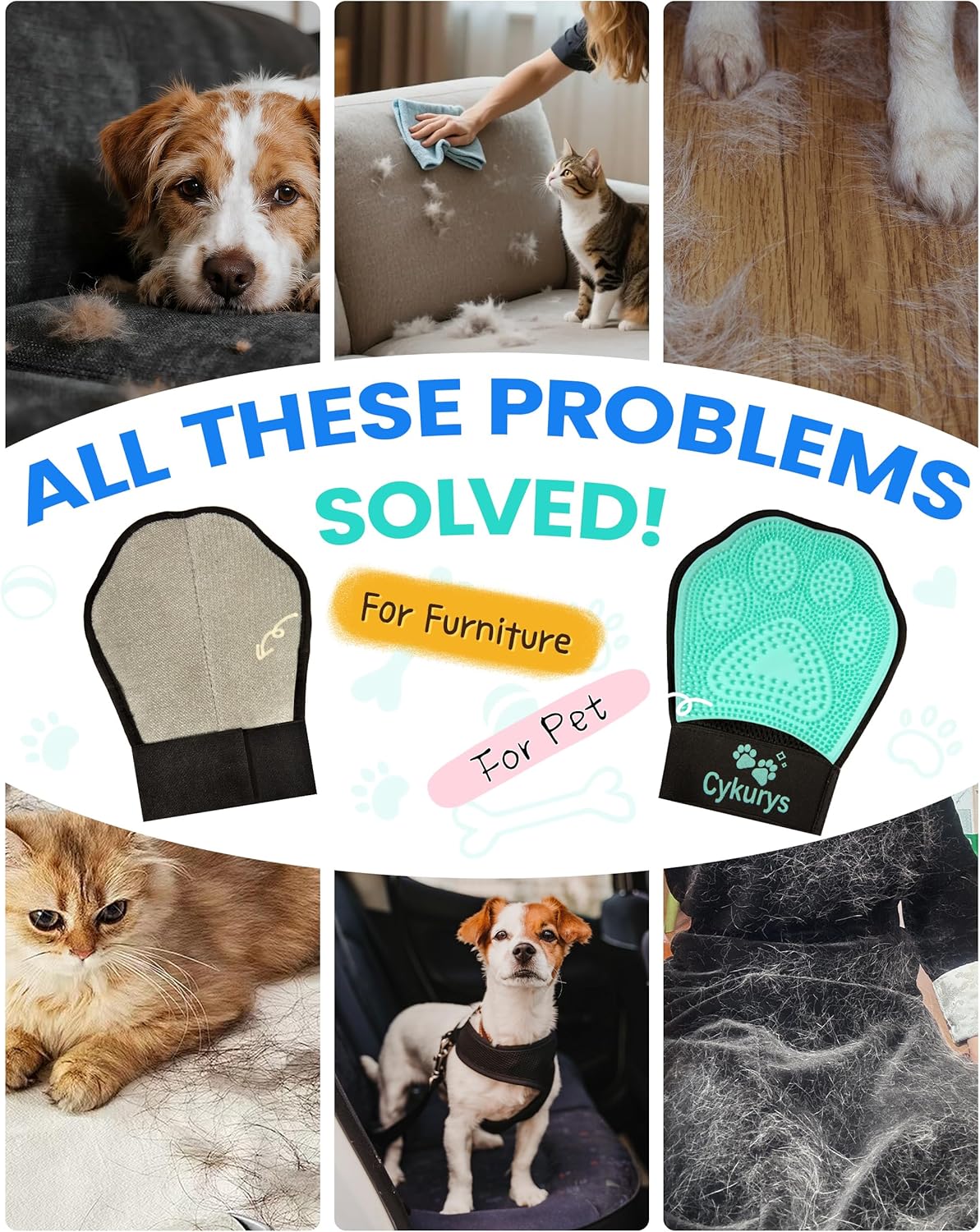 Pet Hair Removal Glove , 2-in-1 Double-Sided Pet Grooming